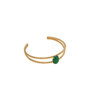 Vintage stainless steel open cuff bracelet with green gemstone and twisted rope design
