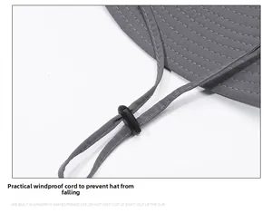 Detail of adjustable windproof chin strap and reinforced stitching on a grey sun hat
