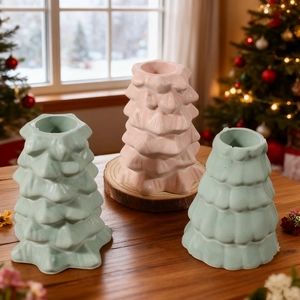 Three-piece Christmas tree candle holders in pink and mint green matte finish