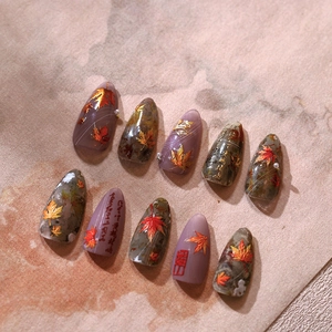 Retro Chinese style long almond press-on nails with maple leaves and calligraphy