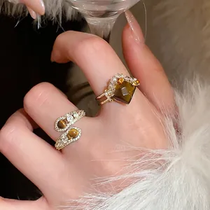 Tiger eye and zircon snake open rings in gold finish with pearls for women's elegant jewelry