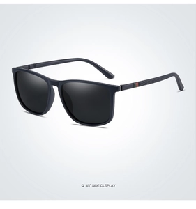 Detail view of polarized sunglasses showing red and green stripe temple and non-slip grip