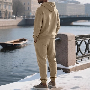 Men's khaki jacquard hooded tracksuit set with textured knit fabric for autumn wear