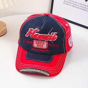 Retro washed cotton baseball cap with red Hawaii embroidery and distressed details