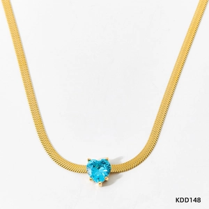 Gold snake chain necklace featuring a heart-shaped blue zircon pendant detail