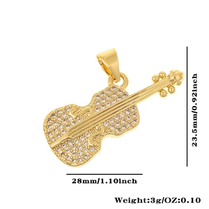 Macro detail of violin pendant with white zircons measuring 28mm by 23.5mm and 3g weight
