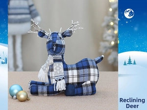Blue and white plaid fabric reindeer figurine with knit scarf for Christmas decor
