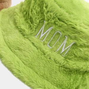 Bright grass green plush bucket hat with white MOM embroidery for women's winter fashion