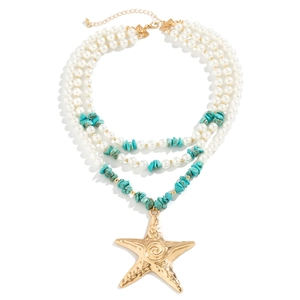 Three-layer bohemian necklace with faux pearls, turquoise stones and a large gold starfish