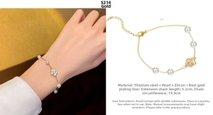 Detail of gold plated titanium steel pearl flower bracelet with zircon petal charm and dimensions