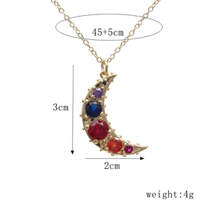 Golden crescent moon necklace with colorful zircon pendant showing 45+5cm chain dimensions