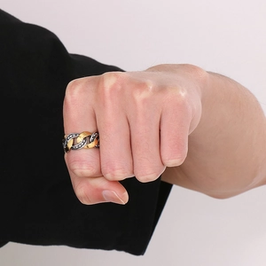 Men's hip-hop hollow cuban chain ring with gold plating and sparkling rhinestones