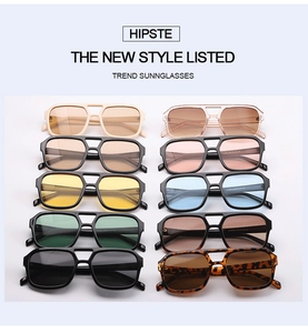Collection of retro double-bridge square sunglasses in various lens colors and frame patterns