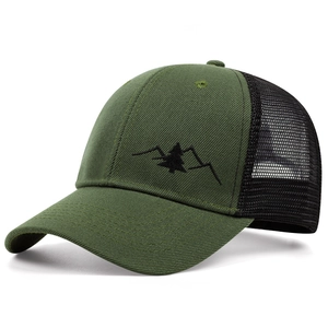 Detail of army green canvas and black mesh panels with mountain tree embroidery