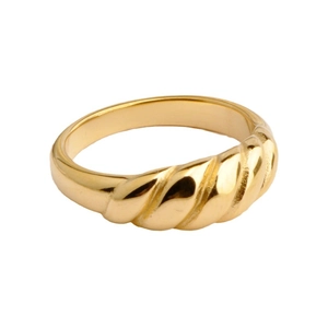 Minimalist golden croissant dome ring with twisted rope texture and polished metallic finish