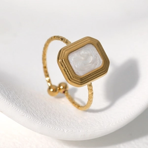 Minimalist square stainless steel open ring with gold plating and white enamel inlay