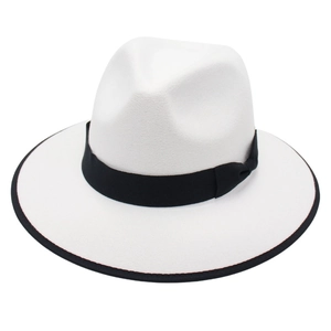 Classic white wool felt fedora hat with wide brim and black ribbon trim for men and women