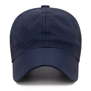 Quick-dry navy blue sports baseball cap with laser-cut holes and curved logo detail