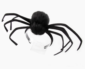 Detail of black plush spider headband with adjustable legs for Halloween costumes