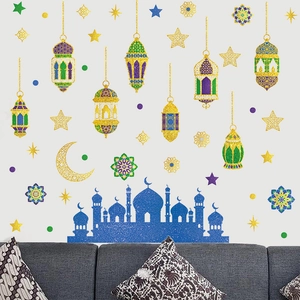 Glitter Ramadan wall decals featuring gold lanterns and moon stars for festive living room decor