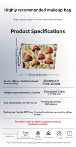 Macro detail of mushroom linen makeup bag showing 25x17cm dimensions and durable zipper