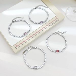 Stainless Steel Tennis Bracelet For Women With Rectangular Zircon Center Stone Full Zircon Inlaid Adjustable Chain