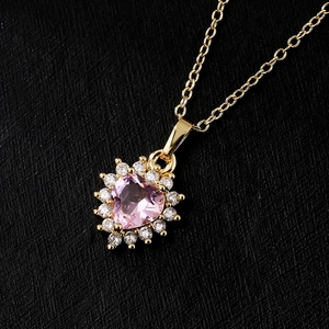 18K gold plated heart necklace with pink zircon center and halo diamond setting