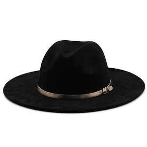 Classic black suede fedora hat with a wide flat brim and gold metallic belt buckle detail