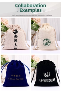Detailed comparison of cotton linen and velvet drawstring gift bags with custom gold foil logos