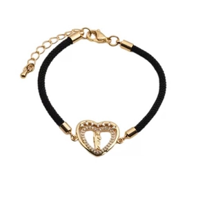 Adjustable black woven bracelet with gold-plated heart pendant and sparkling zircon stones