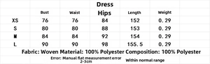 Size chart detail for halter satin dress including bust waist and hip measurements