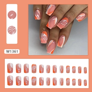 Vierkante oranje marmeren en zebraprint kunstnagels set met 24 stuks in stijl W1361