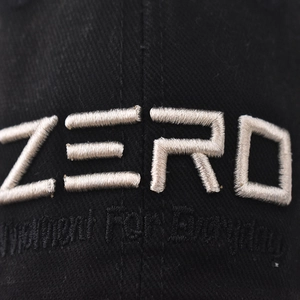 Black cotton baseball cap featuring high-quality white 3D ZERO embroidery with detail text