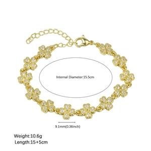 Detail showing the exact dimensions and scale of the gold clover zircon bracelet