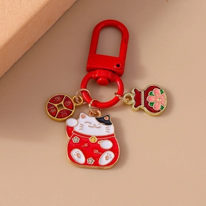 Creative Chinese Lucky Cat and Fortune Bag Keychain with Golden Coin Charms