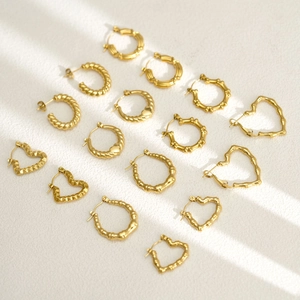18K Gold Plated Stainless Steel Bamboo Twisted Heart Earrings For Women Waterproof Hypoallergenic Fashion Jewelry Hoop Earrings