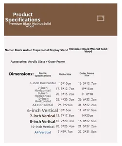 Size chart for black walnut trapezoid photo frames with acrylic glass in various dimensions