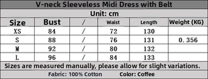 Größentabelle für ärmelloses Midi-Kleid mit V-Ausschnitt und Baumwollmaterial-Details