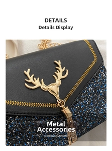 Close-up of golden antler hardware with metallic tassels on a blue sequined bag