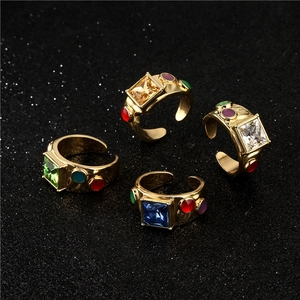 Exaggerated Retro Bohemian Adjustable Open Ring Copper Gold Plated Large Cubic Zirconia Statement Geometric Jewelry For Women