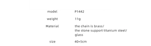 Specifications for model P1442: 11g weight, brass and titanium steel with 45cm chain