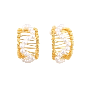 18k gold plated C-shaped hollow earrings with pearls in a retro French design