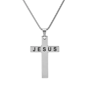 Pendentif croix en acier inoxydable avec gravure Jésus et chaîne en argent pur