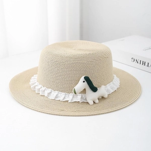 Elegant summer flat top straw hat with white lace trim and cute dog plush accessory
