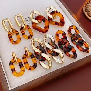 Orecchini Geometrici A Catena Con Acrilico Leopardato E Perno In Argento Per Donne Gioielli Di Moda