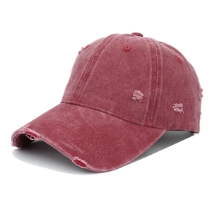 Retro distressed washed cotton baseball cap in burgundy with vintage frayed detailing