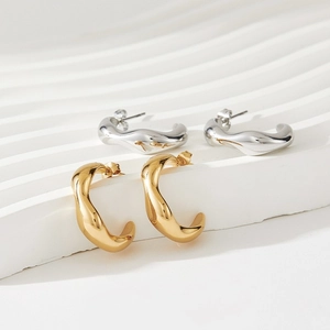 Irregular Texture Stainless Steel Hoop Earrings C Shape Wavy Fluid Design Minimalist Geometric Jewelry For Women