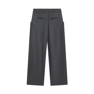 Deep charcoal gray wide-leg wool trousers with classic back pockets and smooth texture