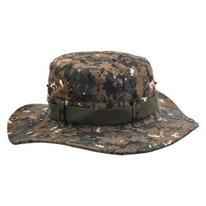 Detail of tactical jungle digital camo bucket hat with metal mesh vents and tactical webbing