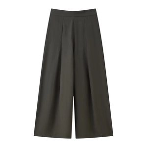 Pantalon large femme vert foncé à taille haute avec plis devant et tissu fluide chic